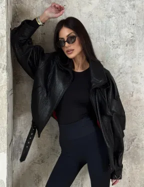 Черная бомбер-курточка «Оверсайз» из кожи Джумбо с двойным воротником и карманами
