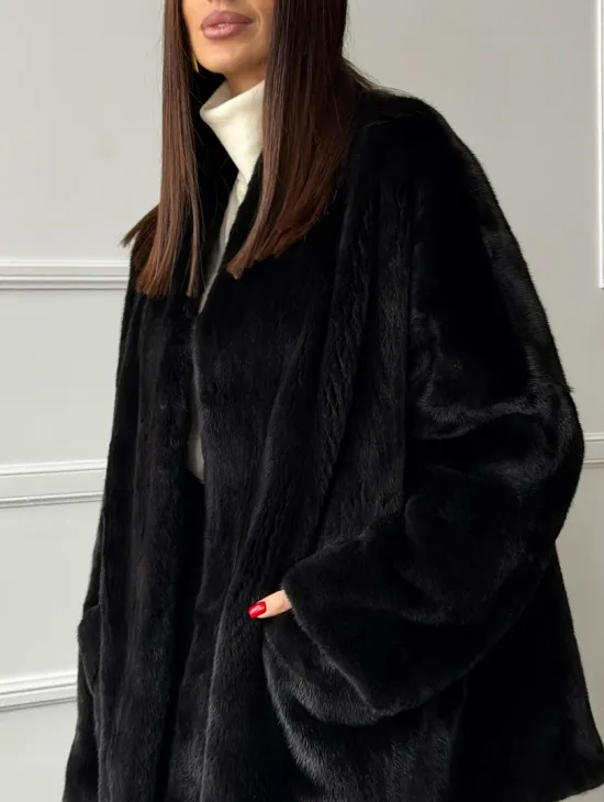 Жакет - шуба из норки BLACKGLAMA с V-образным воротником, косыми карманами