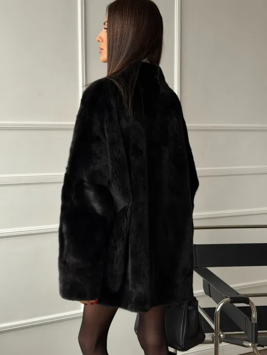 Жакет - шуба из норки BLACKGLAMA с V-образным воротником, косыми карманами