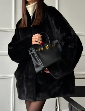 Жакет - шуба из норки BLACK с V-образным воротником, косыми карманами