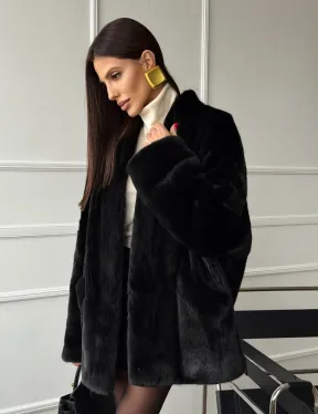 Жакет - шуба из норки BLACK с V-образным воротником, косыми карманами