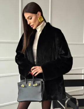 Жакет - шуба из норки BLACK с V-образным воротником, косыми карманами