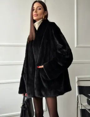 Жакет - шуба из норки BLACK с V-образным воротником, косыми карманами