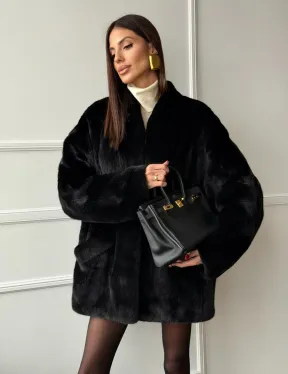 Жакет - шуба из норки BLACK с V-образным воротником, косыми карманами