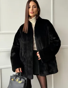 Жакет - шуба из норки BLACK с V-образным воротником, косыми карманами