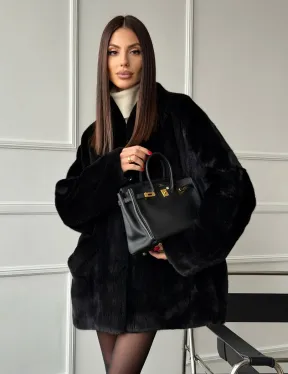 Жакет - шуба из норки BLACK с V-образным воротником, косыми карманами