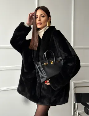 Жакет - шуба из норки BLACK с V-образным воротником, косыми карманами