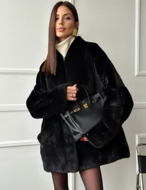 Жакет - шуба из норки BLACK с V-образным воротником, косыми карманами