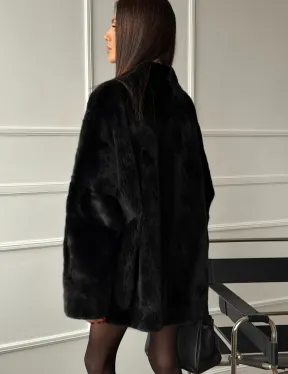 Жакет - шуба из норки BLACK с V-образным воротником, косыми карманами