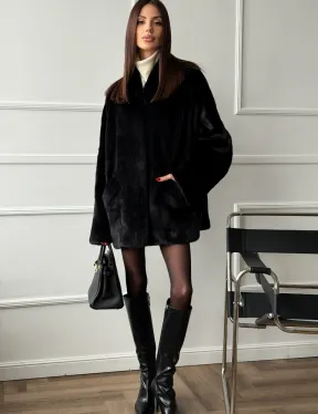 Жакет - шуба из норки BLACK с V-образным воротником, косыми карманами