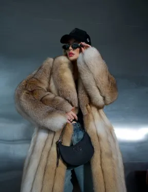 Длинная шуба из меха лисы Vintage gold с шалевым воротником