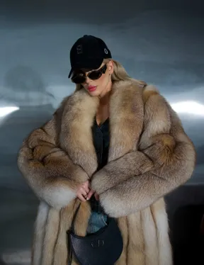 Длинная шуба из меха лисы Vintage gold с шалевым воротником