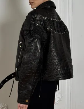 Укороченная куртка из натуральной кожи «CROCO» BLACK со шнуровкой на спине