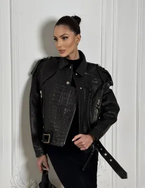 Укороченная куртка из натуральной кожи «CROCO» BLACK со шнуровкой на спине