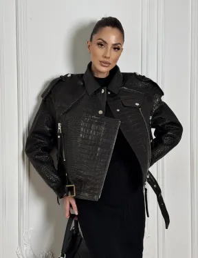 Укороченная куртка из натуральной кожи «CROCO» BLACK со шнуровкой на спине