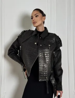 Укороченная куртка из натуральной кожи «CROCO» BLACK со шнуровкой на спине