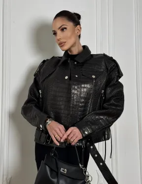 Укороченная куртка из натуральной кожи «CROCO» BLACK со шнуровкой на спине