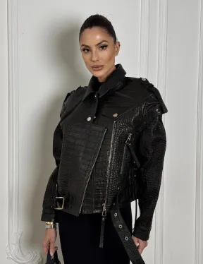 Укороченная куртка из натуральной кожи «CROCO» BLACK со шнуровкой на спине