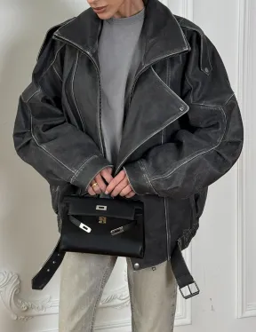 Кожаный женский бомбер Vintage grey с двойным воротником и затертыми швами