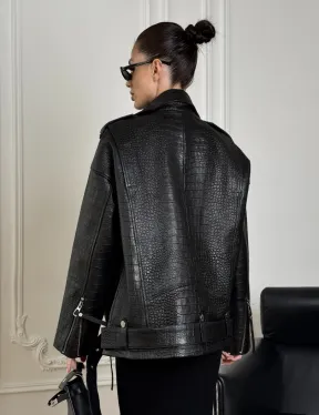 Total black удлиненная женская косуха из натуральной кожи CROCO с косой застежкой-молнией