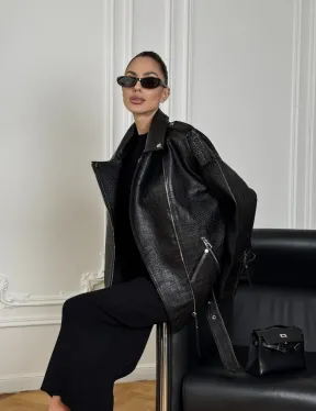 Total black удлиненная женская косуха из натуральной кожи CROCO с косой застежкой-молнией