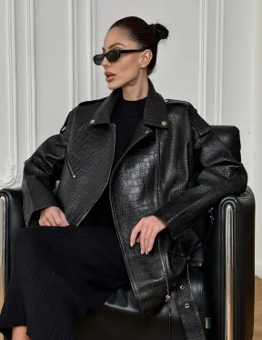 Total black удлиненная женская косуха из натуральной кожи CROCO с косой застежкой-молнией