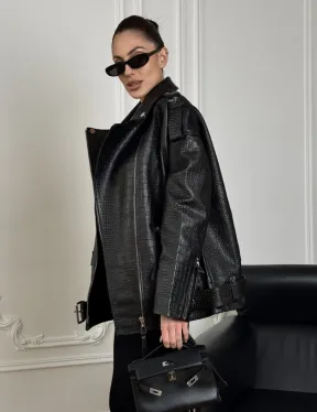 Total black удлиненная женская косуха из натуральной кожи CROCO с косой застежкой-молнией