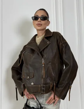 Vintage Brown кожаная куртка - косуха оверсайз с затертыми швами