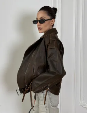Vintage Brown кожаная куртка - косуха оверсайз с затертыми швами