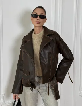 Vintage Brown кожаная куртка - косуха оверсайз с затертыми швами