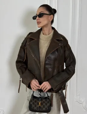 Vintage Brown кожаная куртка - косуха оверсайз с затертыми швами