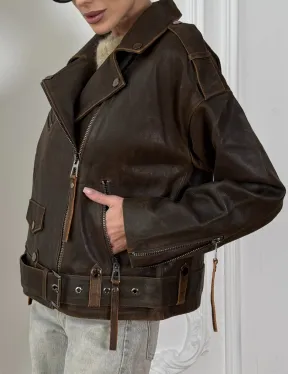 Vintage Brown кожаная куртка - косуха оверсайз с затертыми швами