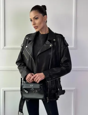 Классическая женская байкерская куртка - косуха из натуральной черной кожи Jumbo