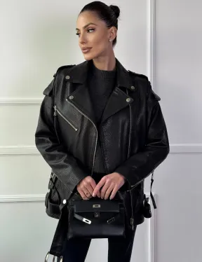Классическая женская байкерская куртка - косуха из натуральной черной кожи Jumbo