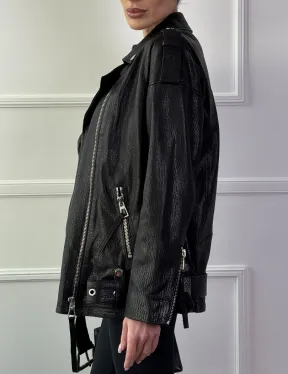 Классическая женская байкерская куртка - косуха из натуральной черной кожи Jumbo