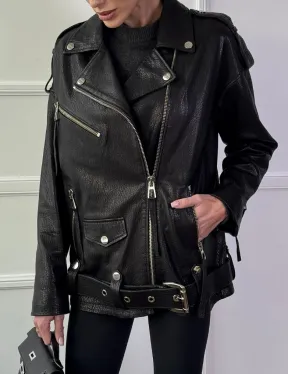 Классическая женская байкерская куртка - косуха из натуральной черной кожи Jumbo