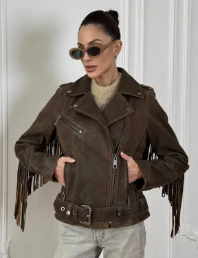 Коричневая кожаная куртка - косуха с бахромой. Мотоциклетная куртка, демисезон