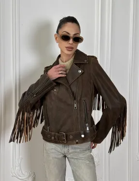 Коричневая кожаная куртка - косуха с бахромой. Мотоциклетная куртка, демисезон