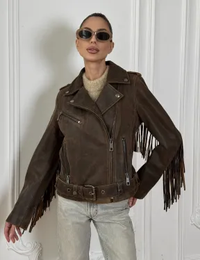 Коричневая кожаная куртка - косуха с бахромой. Мотоциклетная куртка, демисезон