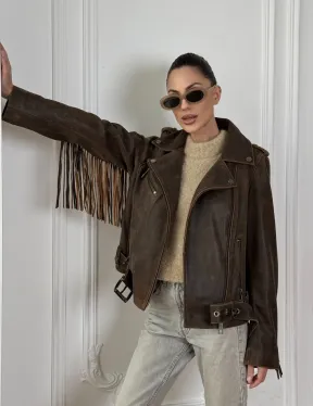Коричневая кожаная куртка - косуха с бахромой. Мотоциклетная куртка, демисезон