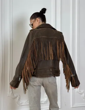 Коричневая кожаная куртка - косуха с бахромой. Мотоциклетная куртка, демисезон