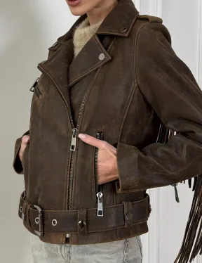 Коричневая кожаная куртка - косуха с бахромой. Мотоциклетная куртка, демисезон