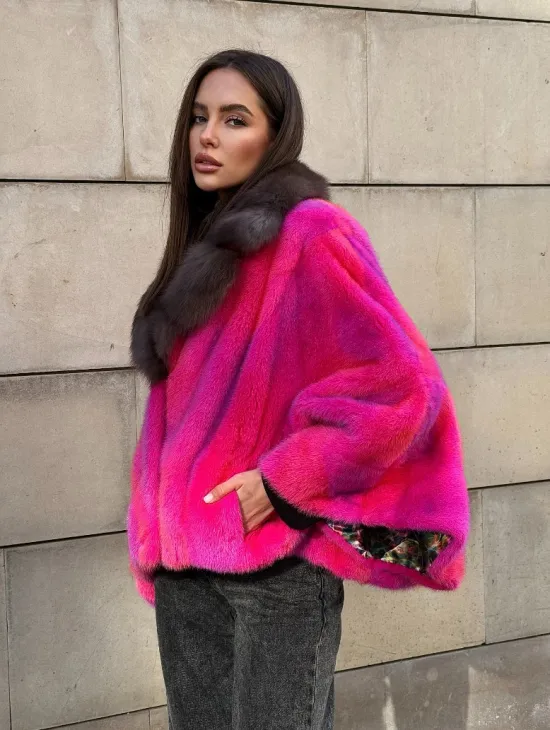 Полушубок - летучка из меха норки в цвете фуксия 