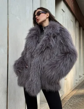 Шуба из меха енота с английским воротником цвет - лаванда