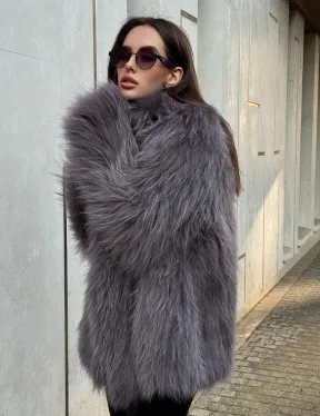 Шуба из меха енота с английским воротником цвет - лаванда