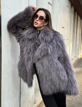 Шуба из меха енота с английским воротником цвет - лаванда