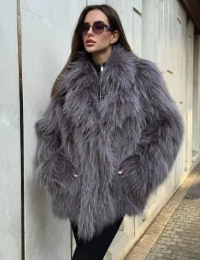 Шуба из меха енота с английским воротником цвет - лаванда