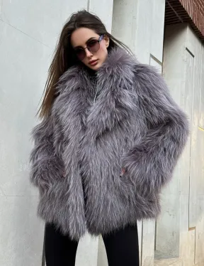 Шуба из меха енота с английским воротником цвет - лаванда