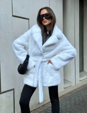 Белый норковый полушубок - кимоно с английским воротником