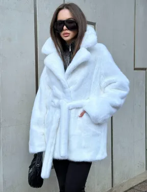 Белый норковый полушубок - кимоно с английским воротником